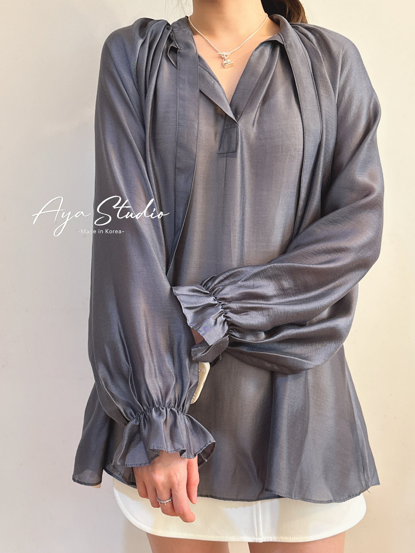 Glossy Blouse with Puff Sleeves