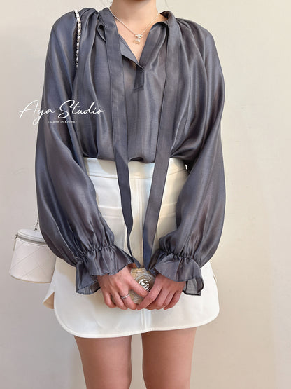 Glossy Blouse with Puff Sleeves